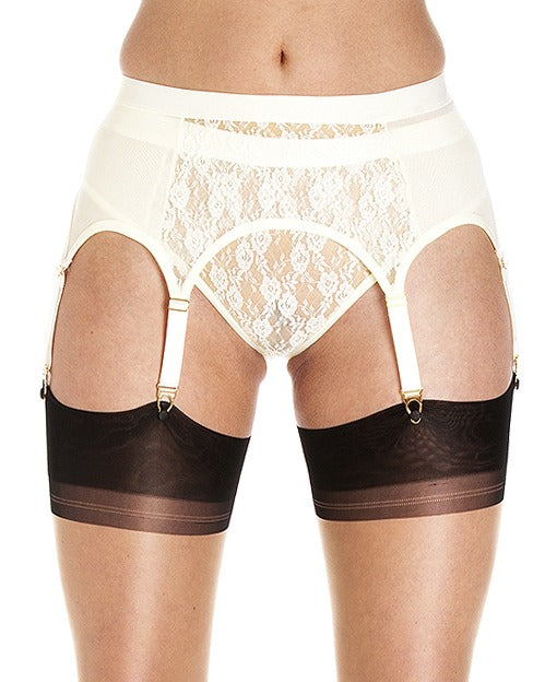 Close-up Ivory lingerie with black thigh-high stockings